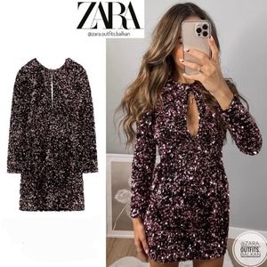 NWT Zara Sequin Glitter Pink Velvet Mini Dress Festive